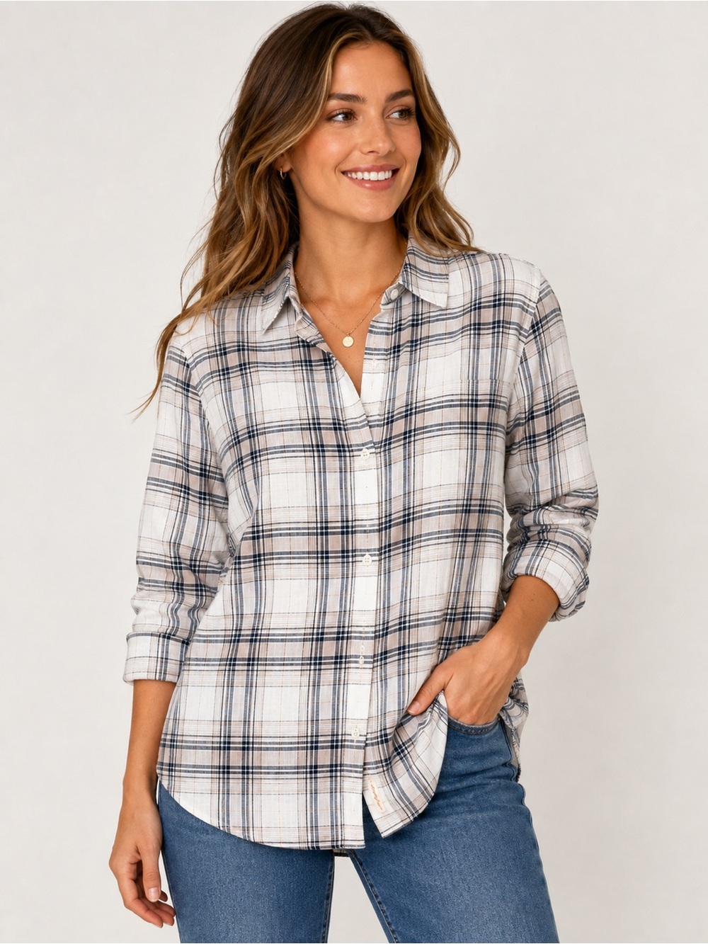NEVER WORN Weatherproof Ivory Plaid Button-Down Shirt with Navy & Tan Stripes